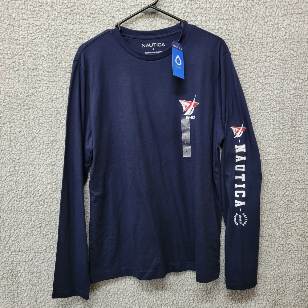 Nautica N-83 Mens Long Sleeve Graphic T-Shirt Navy Blue Anchor Logo Large NWT